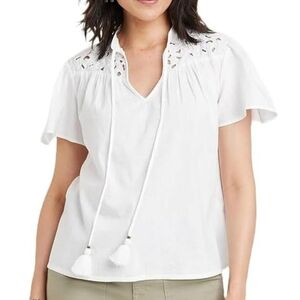 Knox Rose Women's Short Sleeve V-Neck Woven Eyelet Top